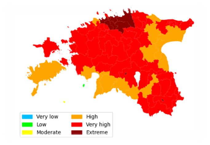 Kanada FWI ohuklassid (asustusüksustele üldistatud) Eesti kaardil