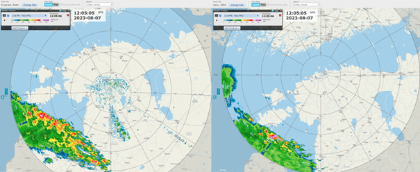 Vasakul Sürgavere radari peegelduvuse andmed (teise ringi kaja näha Viljandist lõunas) ja paremal Harku radari andmed.