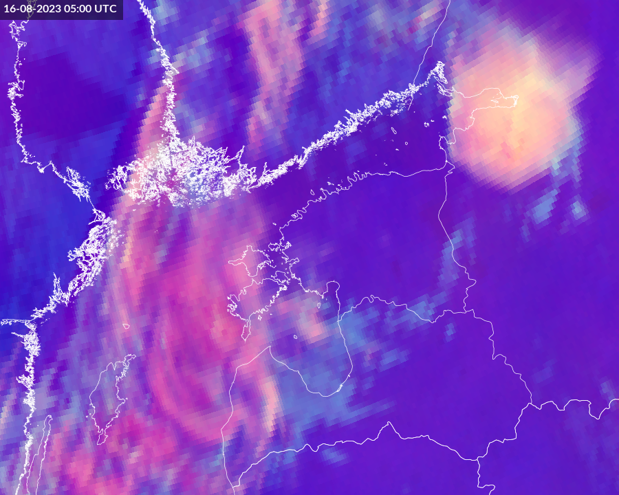 Convection/Severe storm RGB  Kasutusala: tugeva konvektsiooni ja äikesepilvede arengu jälgimine  Pildil on konvektiivsed pilved Soome lahe idaosas16.08.2023 (kollakas-roosa ring), Läänemere keskosas on märgata vähem aktiivset pilvestruktuuri.   Erekollane värv viitab tugevale konvektsioonile (tõusvad õhuvoolud) ning hoiatab tugevast tormist. 