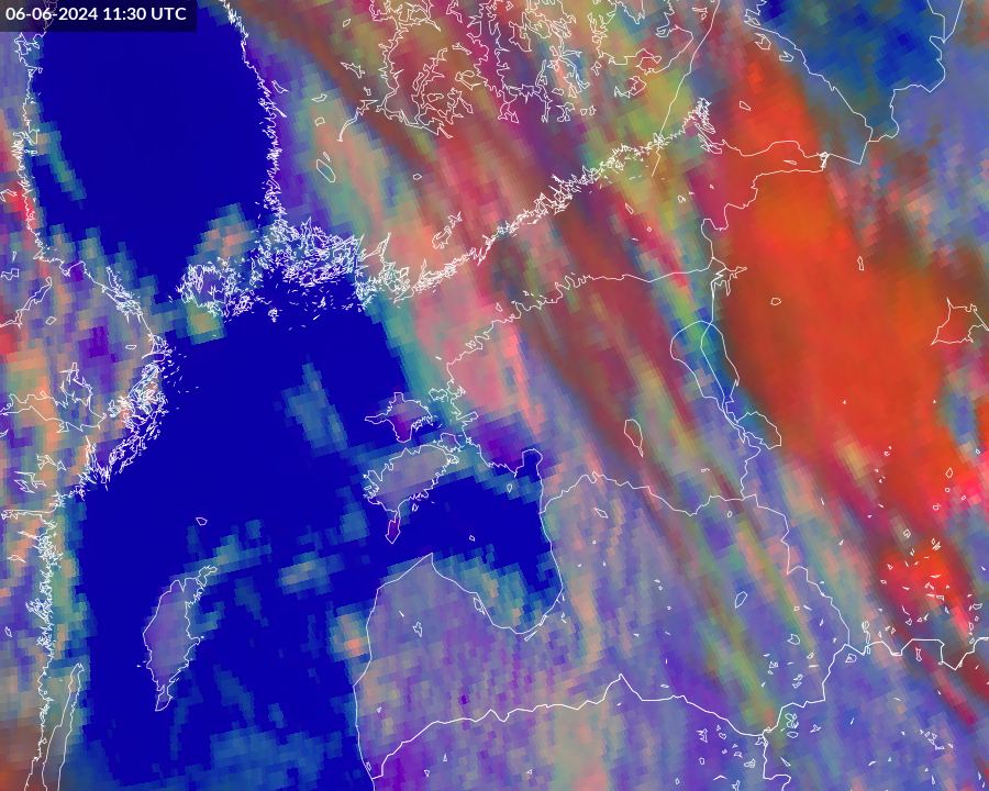 Pilt 2: Simuleeritud MTG(VIIRS) Day microphysics RGB vs. MSG(SEVIRI) Day Microphysics RGB  (06.06.2024 11:24UTC)