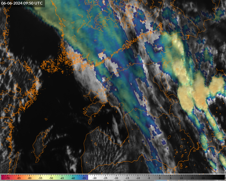 Simuleeritud MTG(VIIRS) Sandwich RGB vs. MSG(SEVIRI) Sandwich RGB (06.06.2024 11:24UTC)