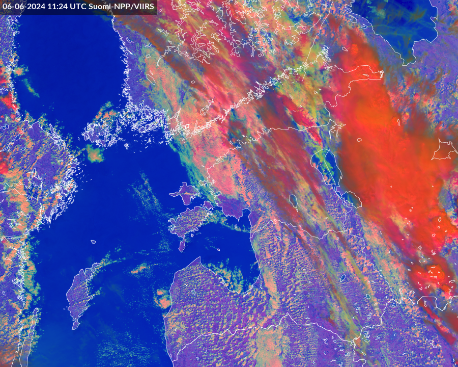 Pilt 2: Simuleeritud MTG(VIIRS) Day microphysics RGB vs. MSG(SEVIRI) Day Microphysics RGB  (06.06.2024 11:24UTC)