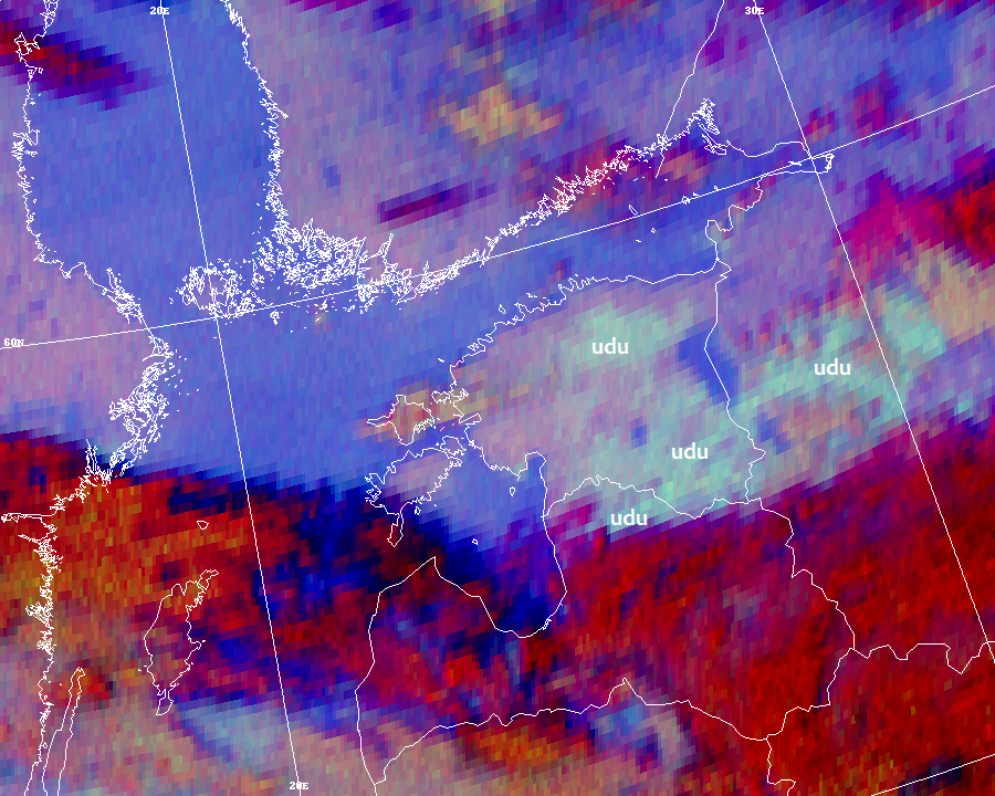 Night microphysics RGB  Kasutusala: madalate pilvede ja udu tuvastamine öösel  Pildil katab öine udu suurema osa Eesti alast, punakad alad Eestist lõuna pool on ülemise kihi pilved, 24.07.2023 