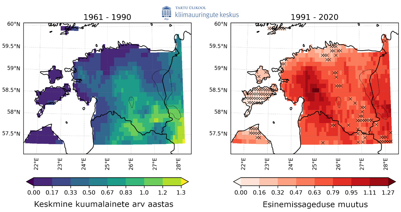 Keskmine kuumalainete arv aastas perioodil 1961–1990 (vasakul) ja esinemissageduse muutus perioodil 1991-2020 (paremal) tuginedes E-OBS andmestikule.