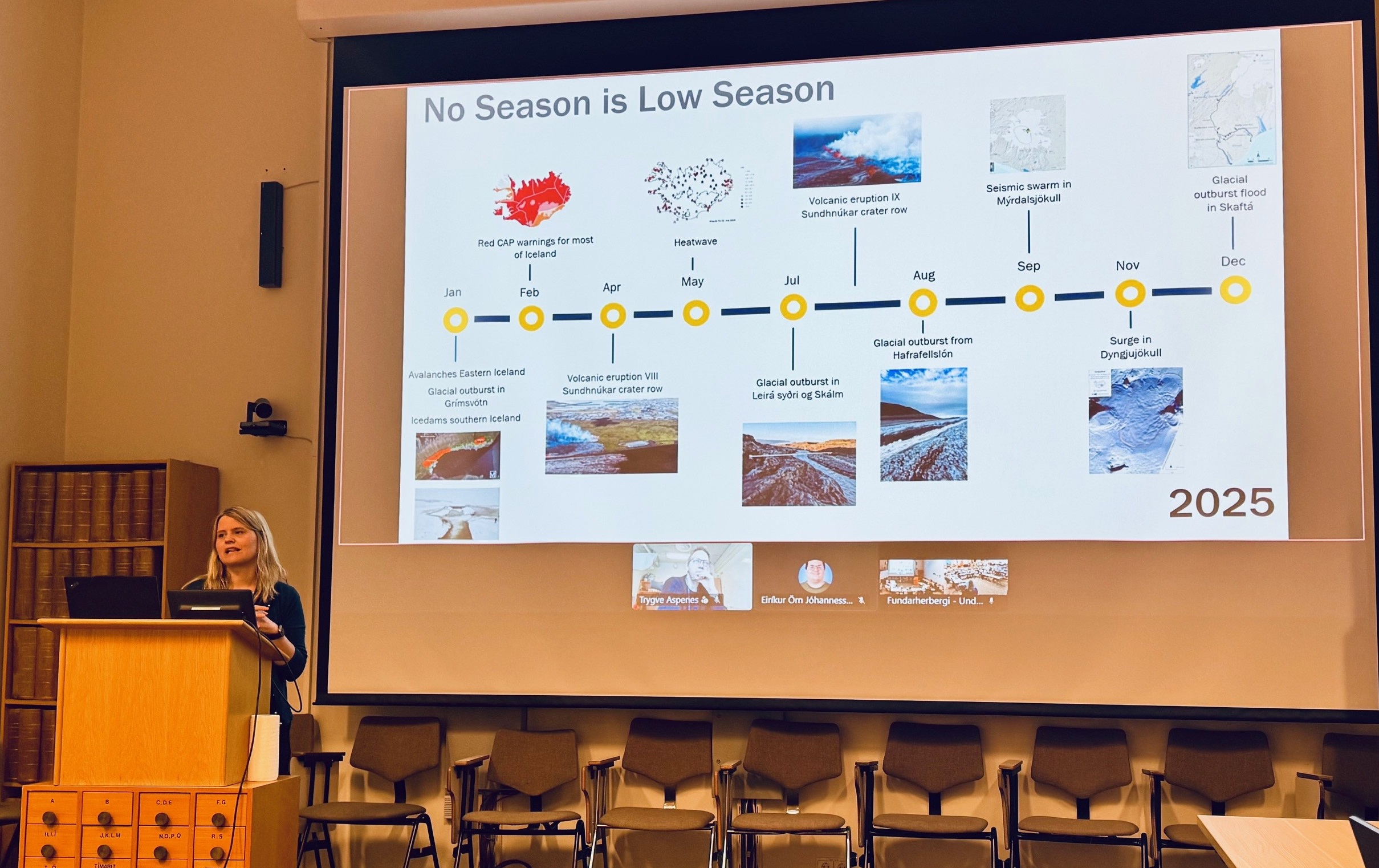 Ekraanil slaid, kus ülevaade keerulisest ilmast ning sündmustest Islandil 2025.