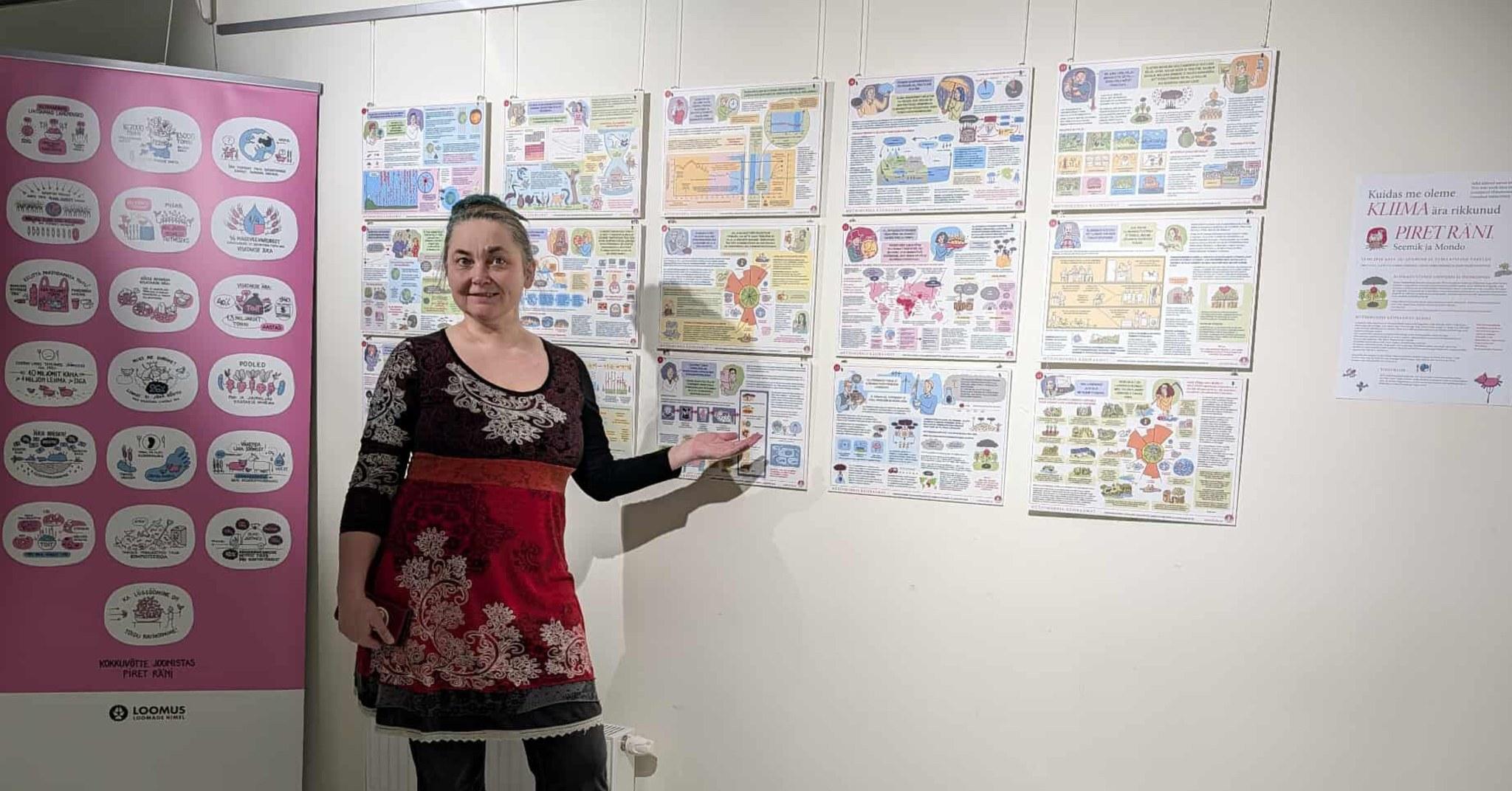 inimene seisab seina ääres, kõrval bänner, seina peal postrid